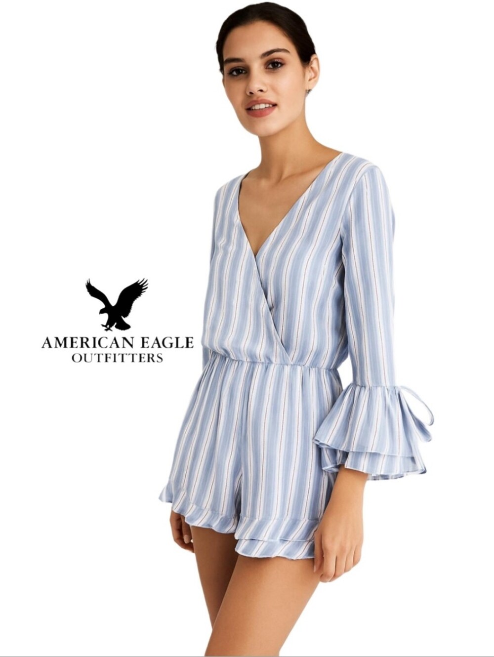Romper, American Eagle Blue & White Striped Long Sleeve with Ruffles